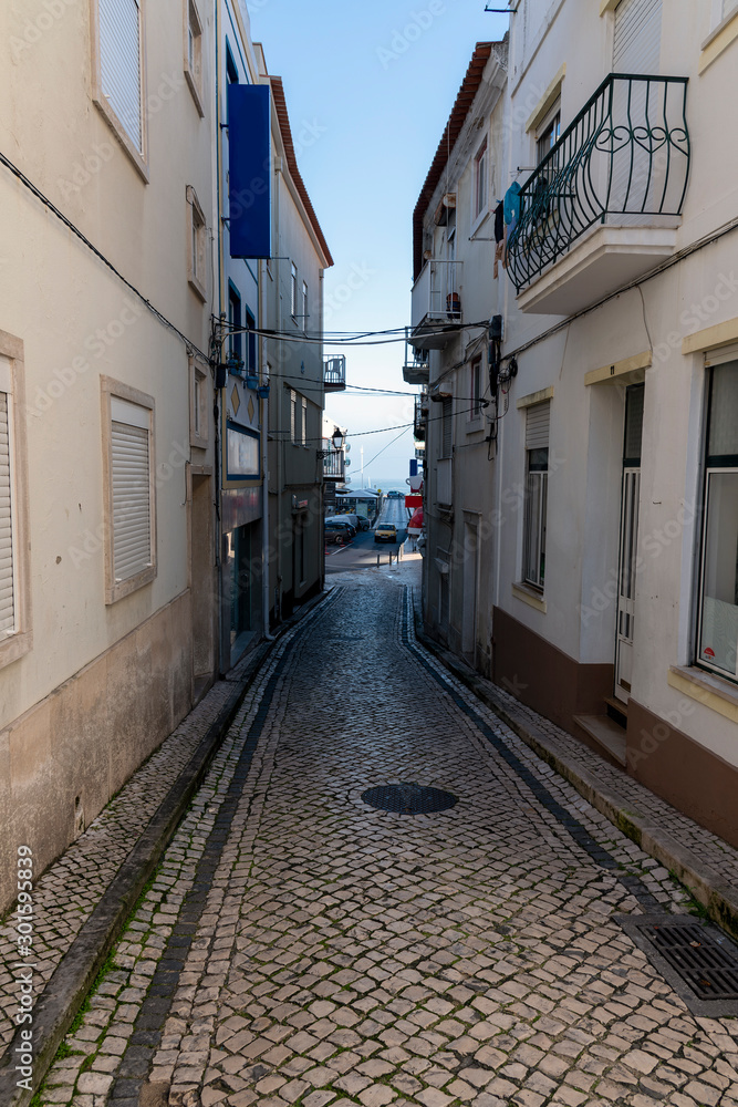 Nazare city street at Atlantic ocean, Portugal.