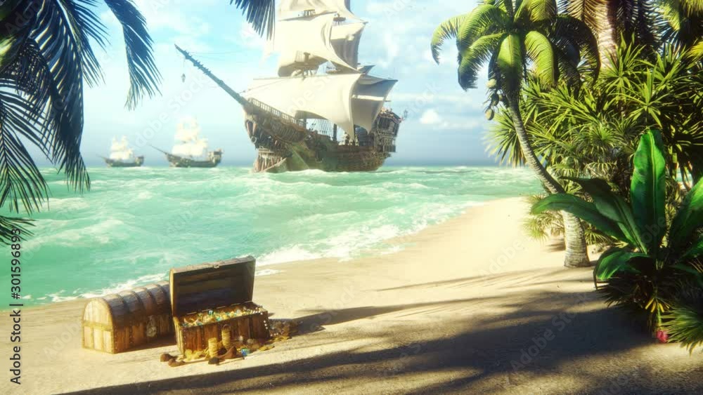 Sand, sea, sky, clouds, palm trees and a clear summer day. Pirate frigates docked near the island. Pirate island and chests of gold. Beautiful looped animation.