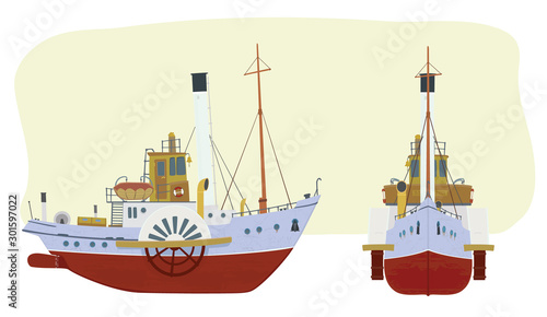 Wheeled steamer with a pipe in two perspective