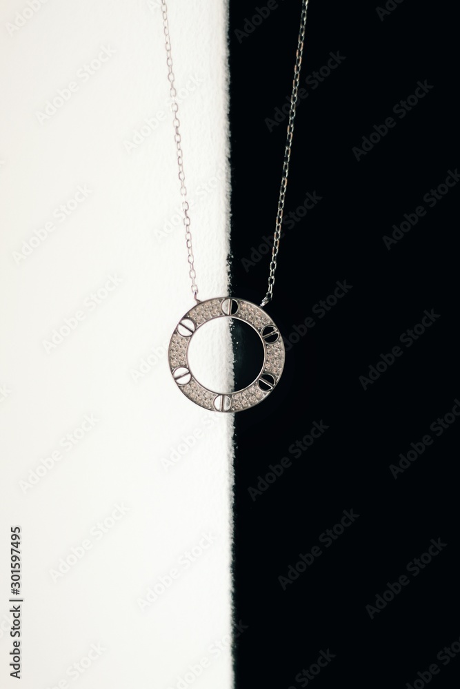 Tender jewerly for female neck, close up shot