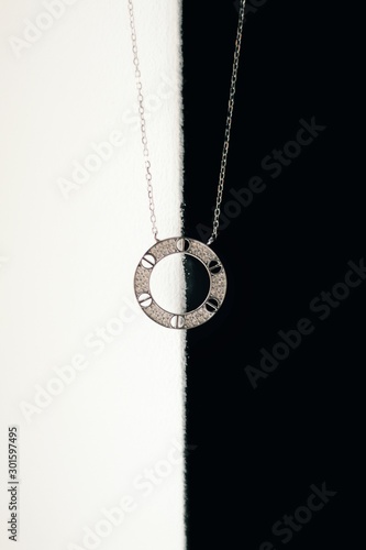 Tender jewerly for female neck, close up shot