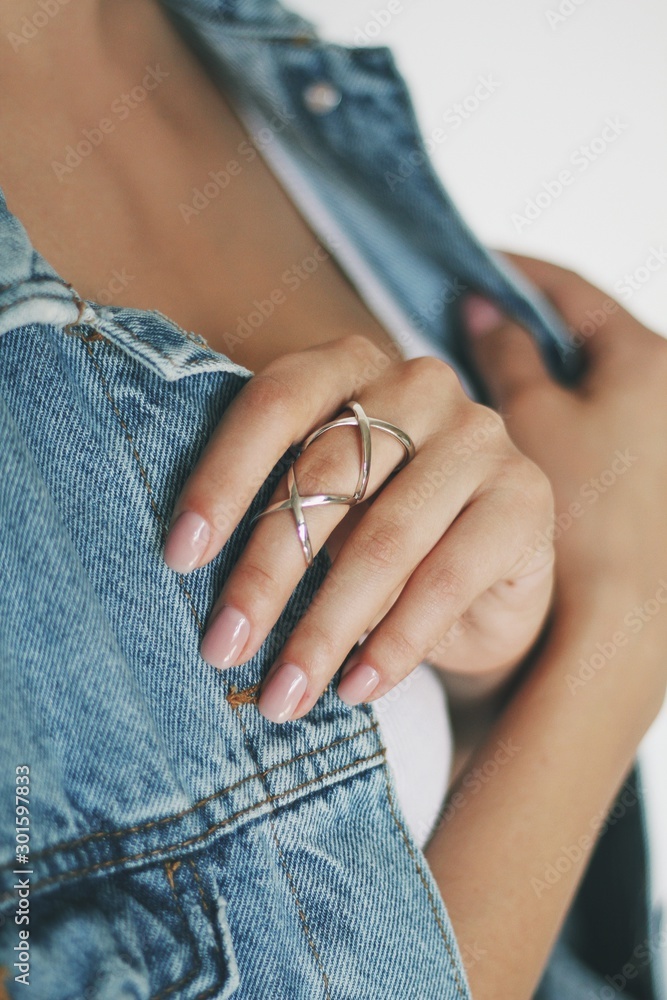 Tender jewerly on female hand, close up shot