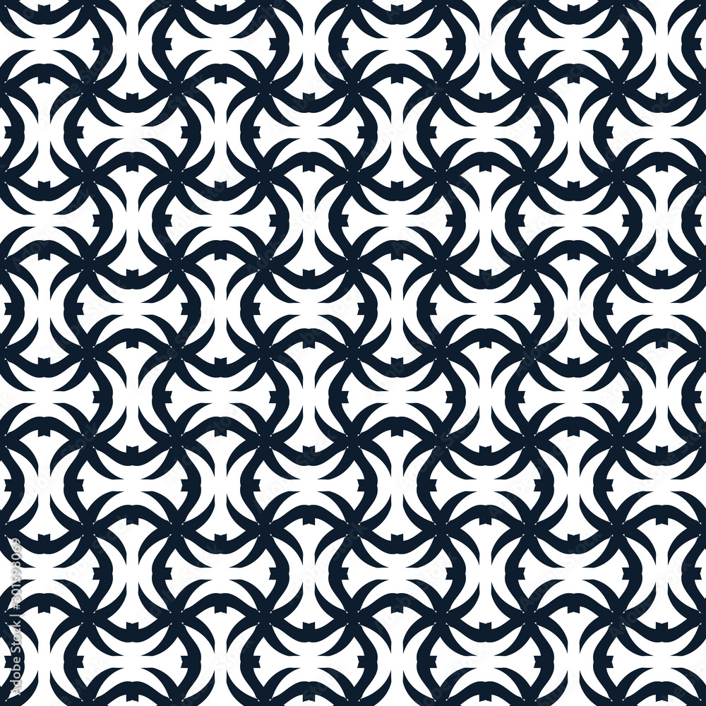 Seamless blue pattern on a white background with geometric elements.