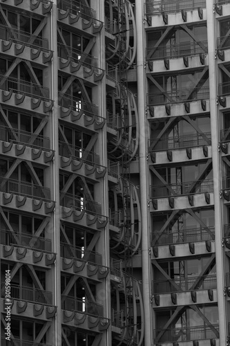 Abstract architecture. Elements of the building are made of glass and metal. Skyscraper. Black and white