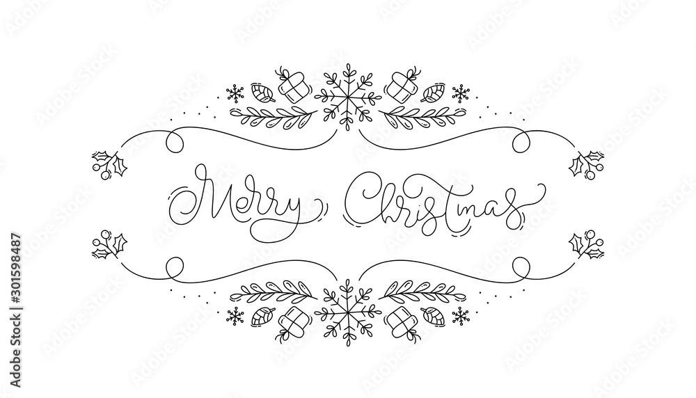 Vector Merry Christmas monoline calligraphic text on holidays background with winter landscape with snowflakes, light, stars. Illustration Xmas greeting card