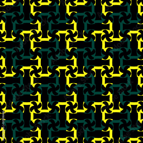 Bright seamless pattern with geometric elements on a black background.