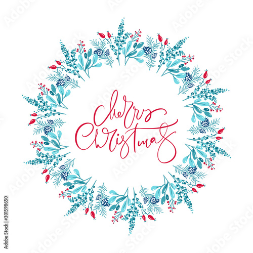Merry Christmas vector scandinavian calligraphic vintage text. Winter Wreath with xmas phrase. Greeting card template with vintage style elements Doodle Illustration