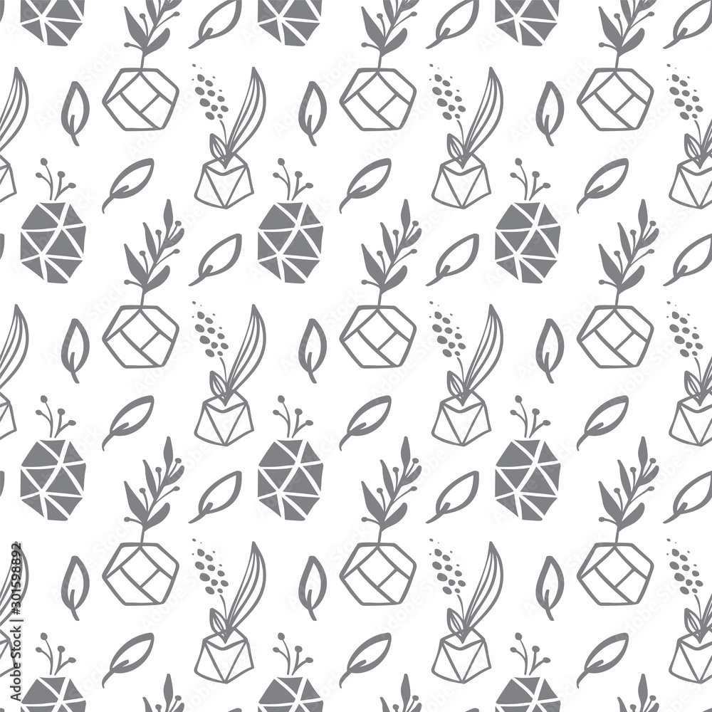 Seamless repeating pattern with triangle shapes and succulent plant pots. Cute and modern Scandinavian style illustration, perfect for wall art, wrapping paper