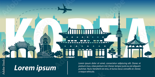 Korea top famous landmark silhouette style,Korea text within,travel and tourism,vector illustration