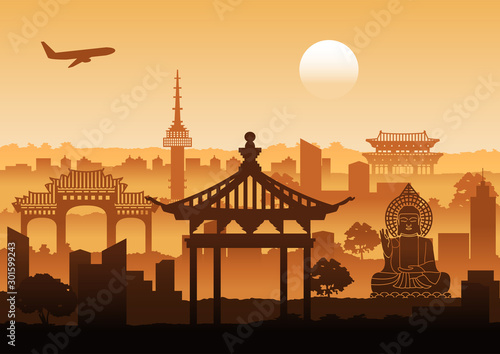 Valokuvatapetti Korea famous landmark silhouette style with row design on sunset time,vector ill