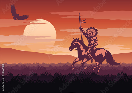 silhouette and monochrome scenery person go to hunt in Savannah field on sunset time,red color tone style,vector illustration