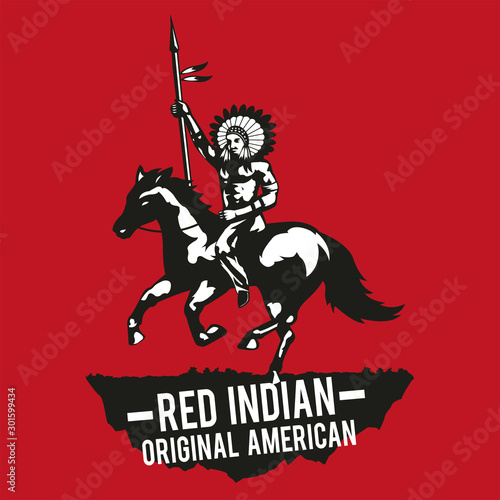 person native american raise hand meant victory,red background,for shirt and print design,monochrome style,vector illustration