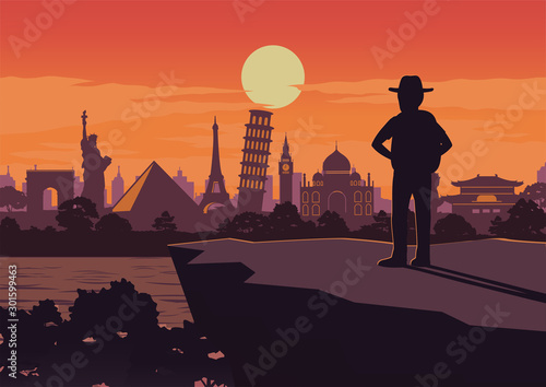 adventurer stand on cliff and look to world landmark ahead on sunset time,silhouette design,vector illustration