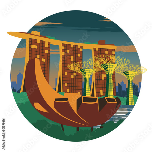Canvas Print Singapore landmarks,silhouette design,vintage color and circle shape design,vect
