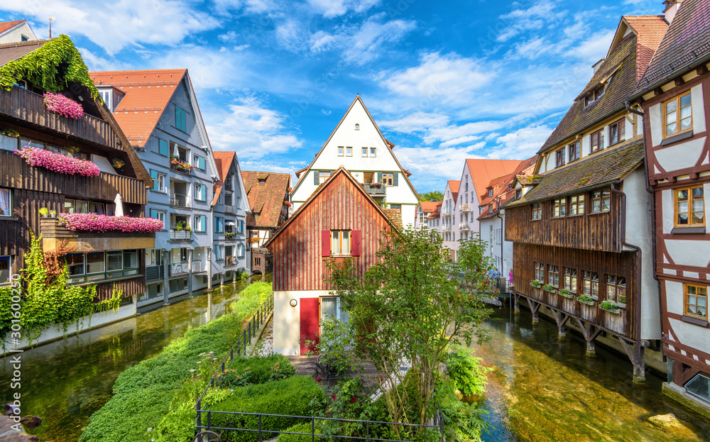 Vintage street in old town of Ulm, Germany. Panorama of Fisherman`s