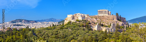 Landscape of Athens city with famous Acropolis, Greece. Old Acropolis is a top landmark of Athens. Panorama of Athens with classical Greek ruins. Scenic view of majestic remains of ancient Athens.