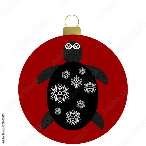 Weihnachtskugel rot, Schildrötenmotiv mit Schneeflocken
