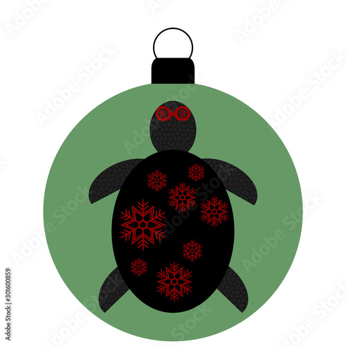 Weihnachtskugel grün, Schildrötenmotiv mit roten Schneeflocken