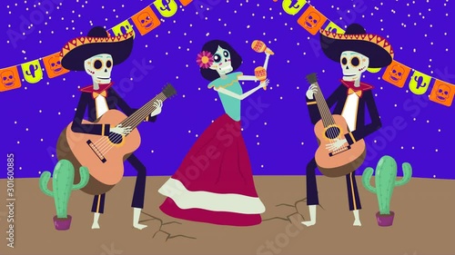 viva mexico animation with mariachis and catrina skulls characters