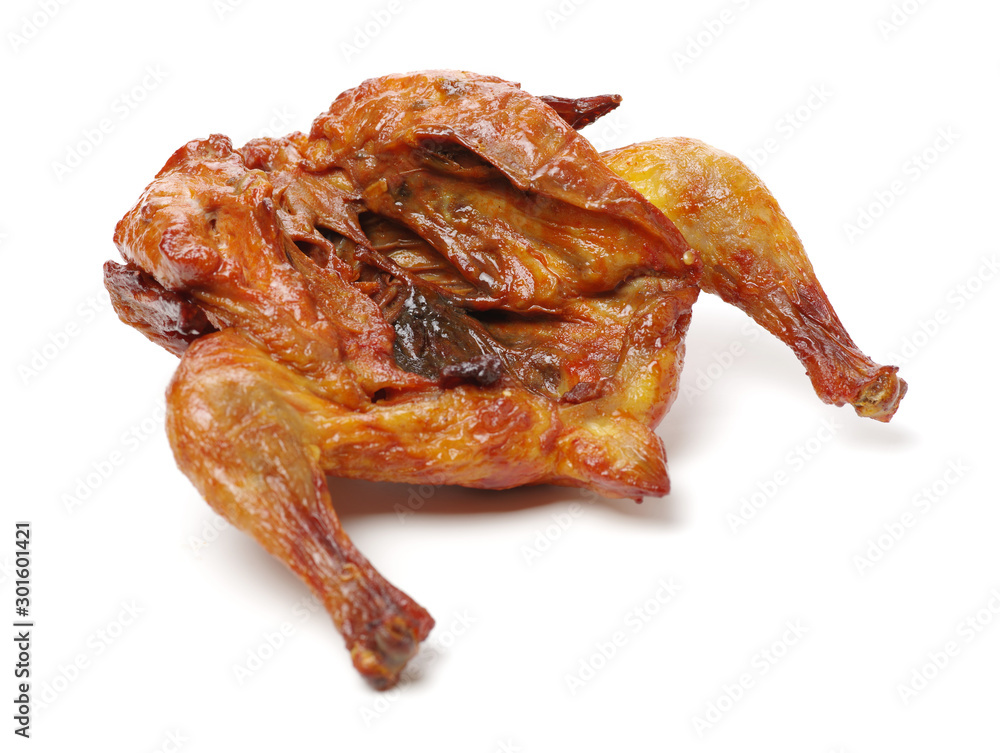 Whole roasted chicken against white background Whole roasted chicken against white background
