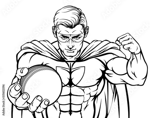 A superhero cricket sports mascot holding a ball