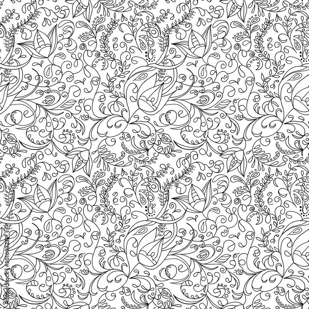 Seamless pattern coloring book for kids and adults. Flower prick painted by hand.  Suitable for packaging, fabrics, wallpapers and simple colorings.