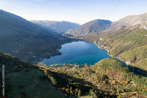 Fototapeta Naklejka Na Ścianę i Meble -  Aerial view of the wonderful heart-shaped Lake Scanno. a beautiful landscape seen by the drone