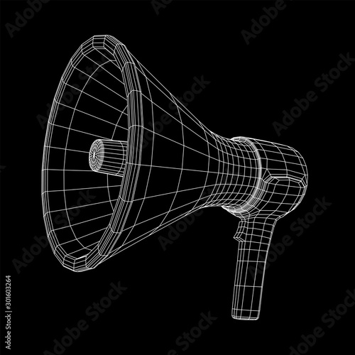 Megaphone or bullhorn for amplifying voice for protests rallies or public speaking. Wireframe low poly mesh vector illustration