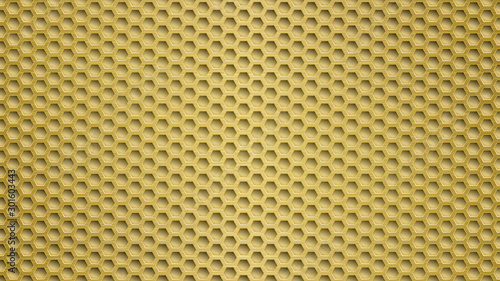 Abstract metal background with hexagonal holes in yellow colors