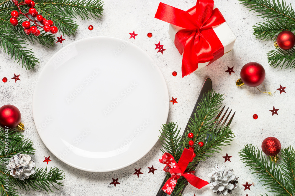 Christmas table setting on white top view. Christmas table setting on white top view.