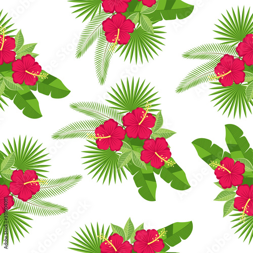 seamless tropical leaves and flowers - monstera and hibiscus. vector pattern
