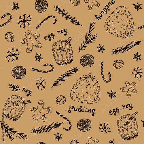 Christmas doodle seamless vintage pattern. Hand drawn line illustration with egg-nog, christmas tree branches, pudding, candy, snowflake, walnut, star anise and gingerbread cookie.
