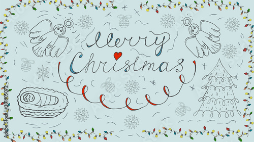 Orthodox contour banner in Christmas design in the style of childrens scribbles two angels kalligrafichnoy the inscription baby Jesus snowflake balls