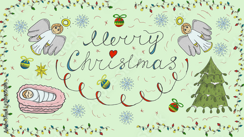 Orthodox contour color banner in Christmas design in the style of childrens scribbles two angels kalligrafichnoy the inscription baby Jesus snowflake balls