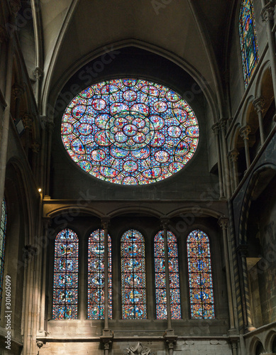 detail of a stained glass window of the Notre Dame de Dijon church in Dijon
