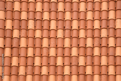 Fragment of a tiled roof. Clay tiles. Background. Pattern. Terracotta. Gray. Ocher.