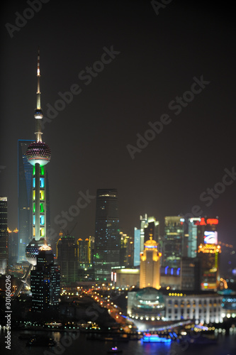 Pudong financial district by night. Only Oriental Pearl tower in focus. Shanghai, China