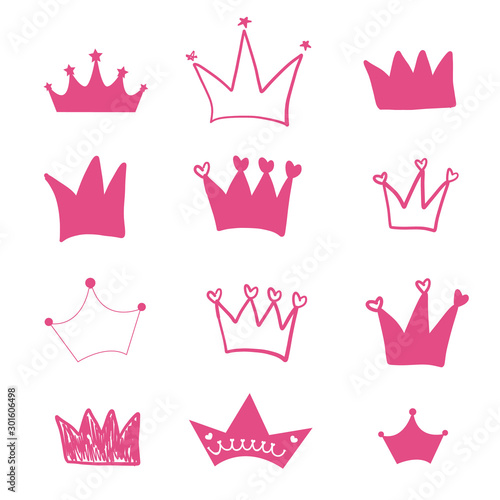 Hand drawn doodle pink crown illustration set