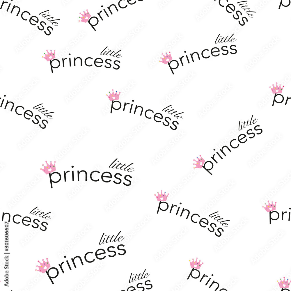 Princess crown text. Seamless baby shower baby girl illustration pattern for fabric design 