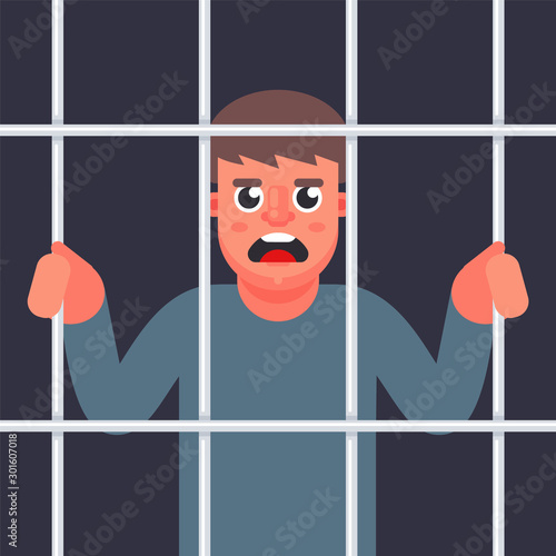 male criminal behind bars. man in jail. flat vector illustration.