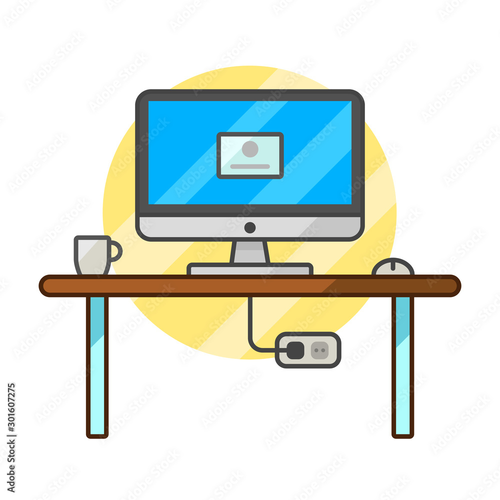 Thin line flat computer programmer desk, web coder workplace tools and equipment, software developer Thin line flat computer programmer desk, web coder workplace tools and equipment, software developer