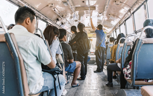 Canvas Print back view on the local economy bus in bangkok Thailand