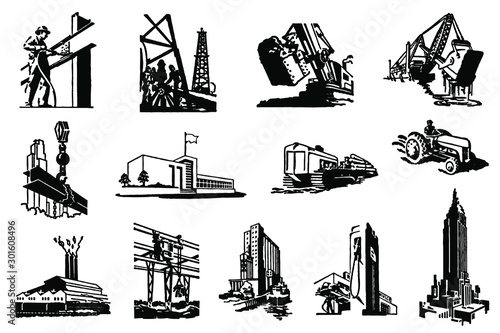Group of antique or vintage industrial pictogram icons