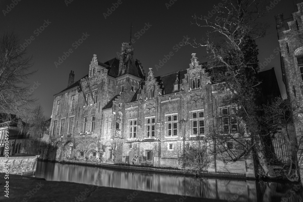 Bruges at night in black and white