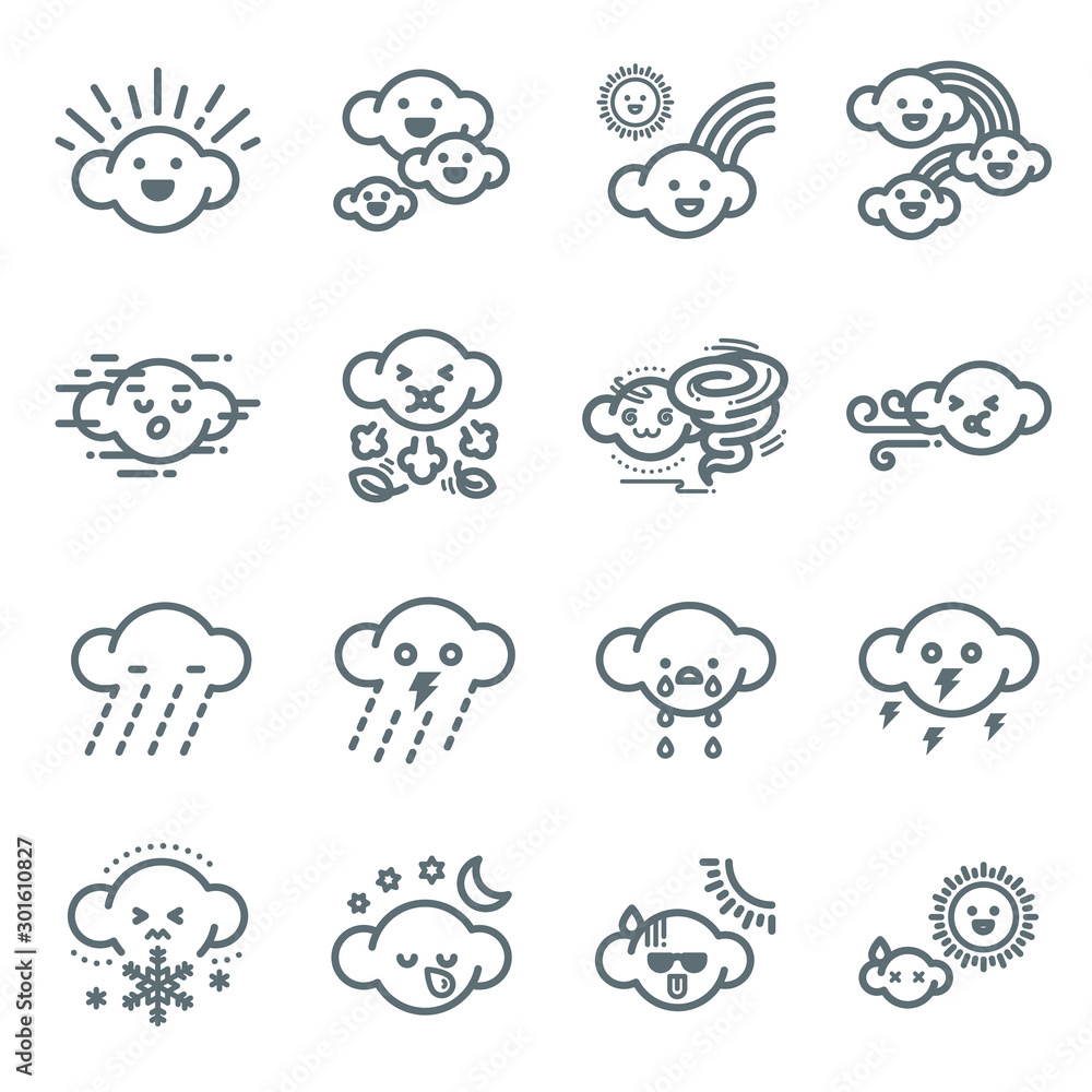 Weather icon set. Line art. Cartoon doodle design.Elements and seasonal clip art. Weather icon set. Line art. Cartoon doodle design.Elements and seasonal clip art.