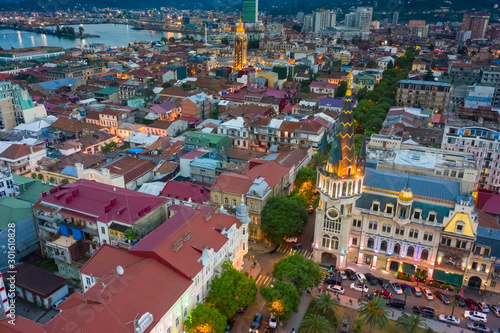 Panoramic view of Batumi and Astronomical clock, Georgia. Twilight over the old city and Downtown of Batumi - capital of Adjara, Georgia