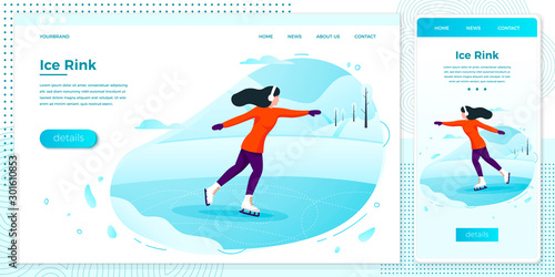 Vector winter illustration set - ice skating girl
