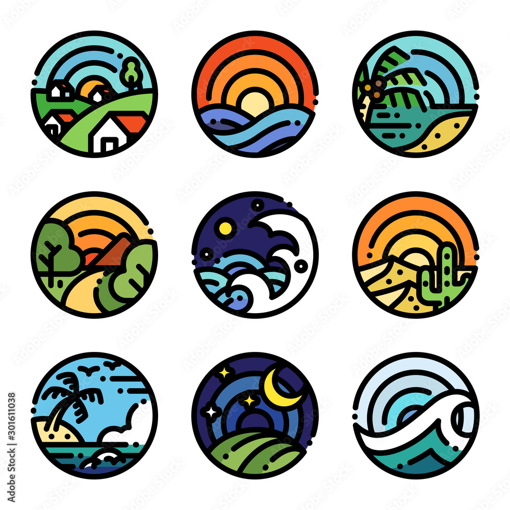 Landscape art colour illustration in round shape. Line view icons. Landscape art colour illustration in round shape. Line view icons.
