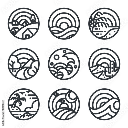 Landscape art illustration in round shape. Line view icons.