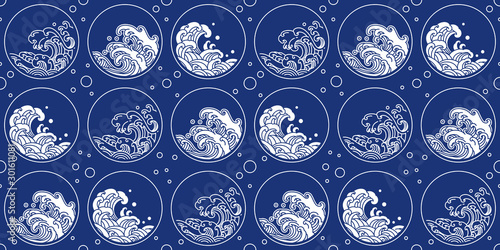 Chinese wave pattern oriental style round shape. Japan water wave seamlless for textiles and fabric printing.White on indigo print.
